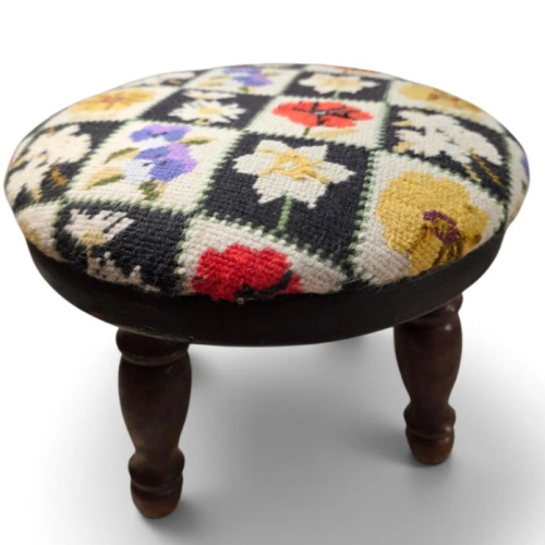 Vintage Needlepoint Footstool | Handcrafted Wooden Stool with Floral Tapestry Upholstery