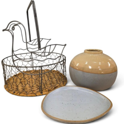 Vintage Farmhouse Collection: Wire Basket, Stoneware Vase, Speckled Plate