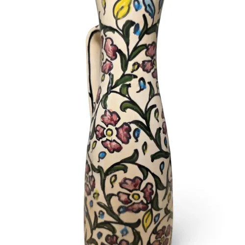 Vintage Hand-Painted Jerusalem Ceramic Jug | Authentic Pottery Pitcher | 12.5" Tall | Floral Mediterranean Decor